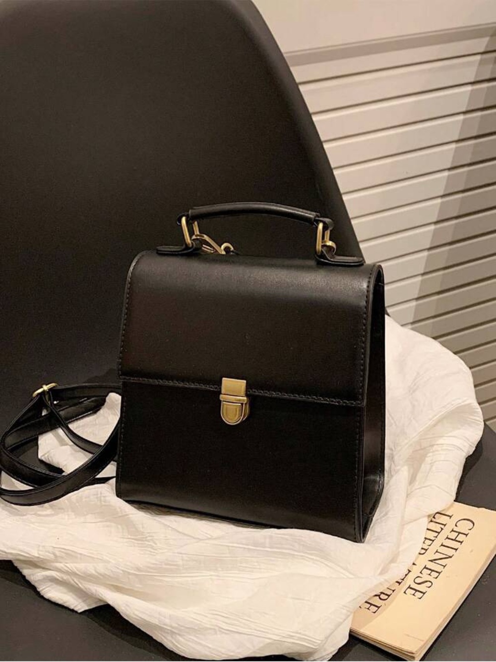 Black Structured Mini Backpack with Gold Hardware - Picture 5 of 7